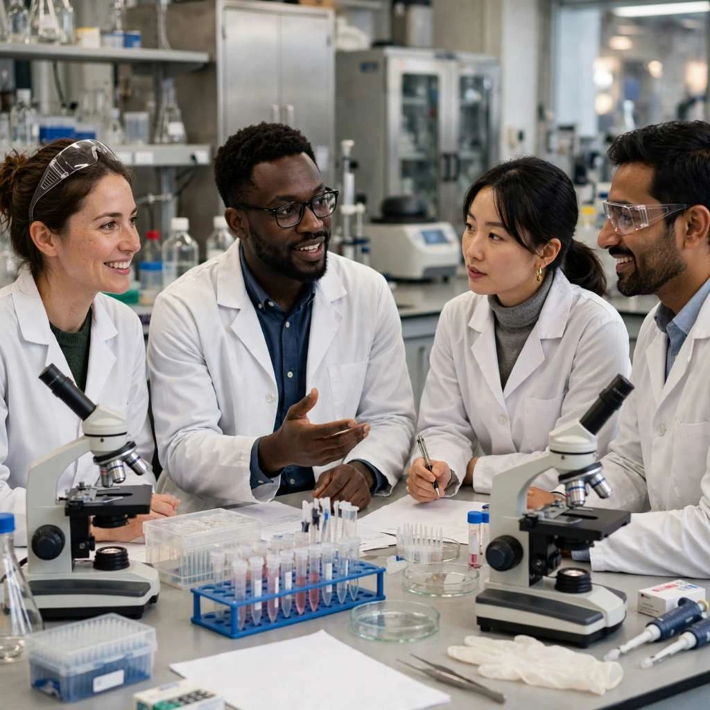 Scientists Collaborating Around Modern Lab Workstation
