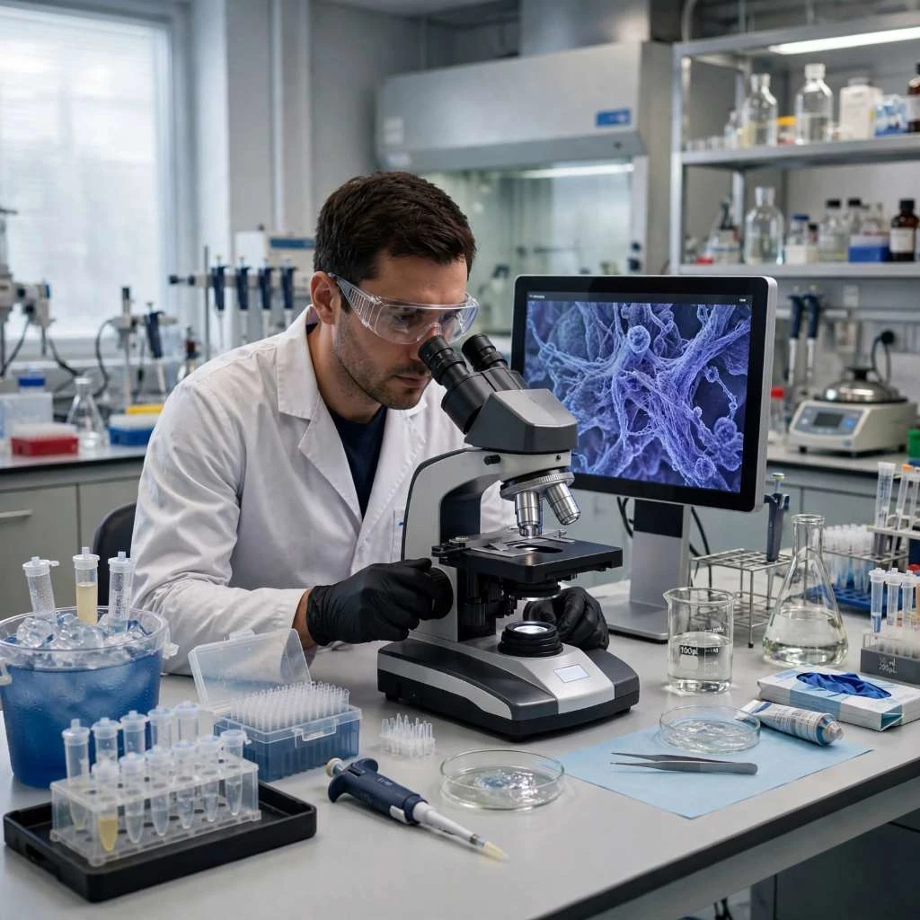 Scientist Examining Peptides Under Microscope