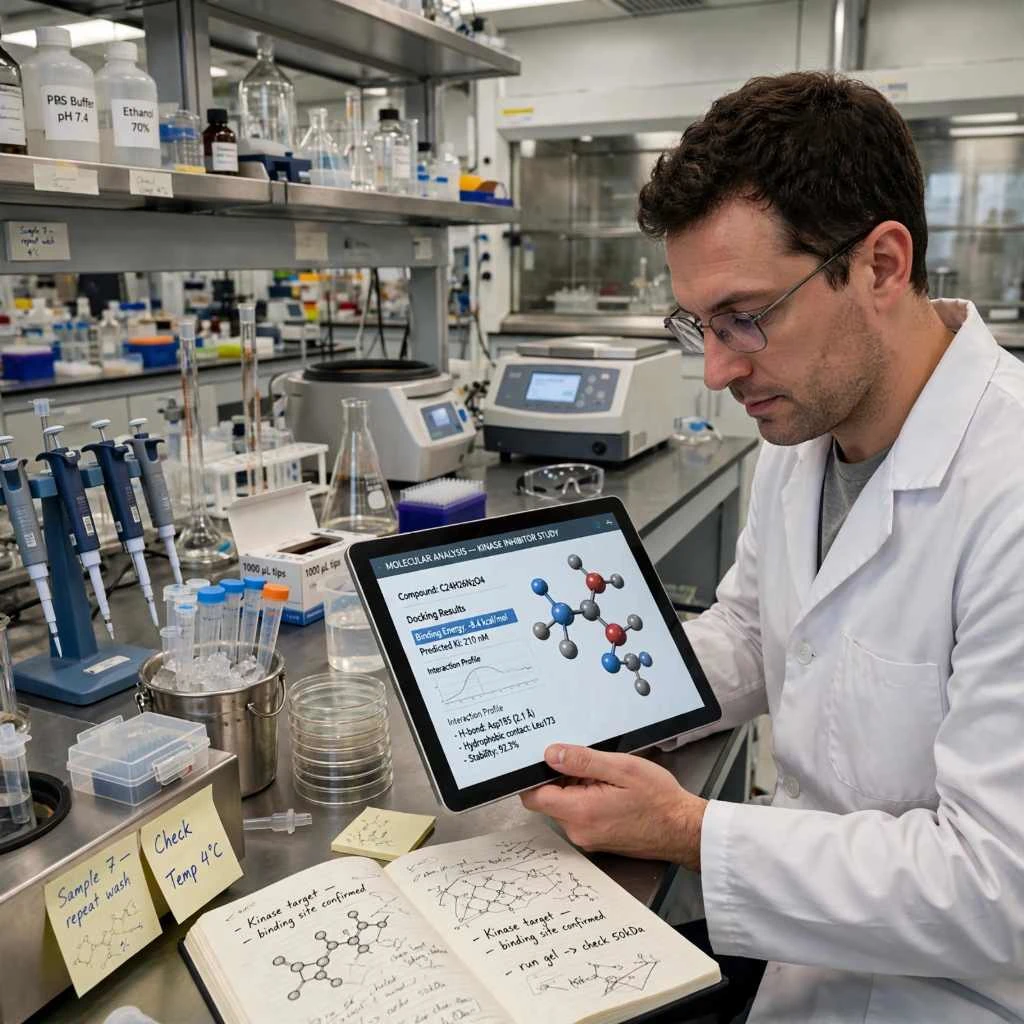 Scientist Viewing Molecular Analysis On Tablet