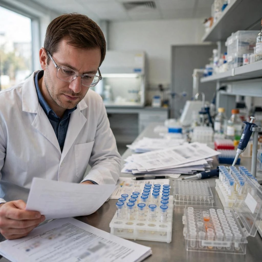 Researcher Reading Papers Beside Test Tubes