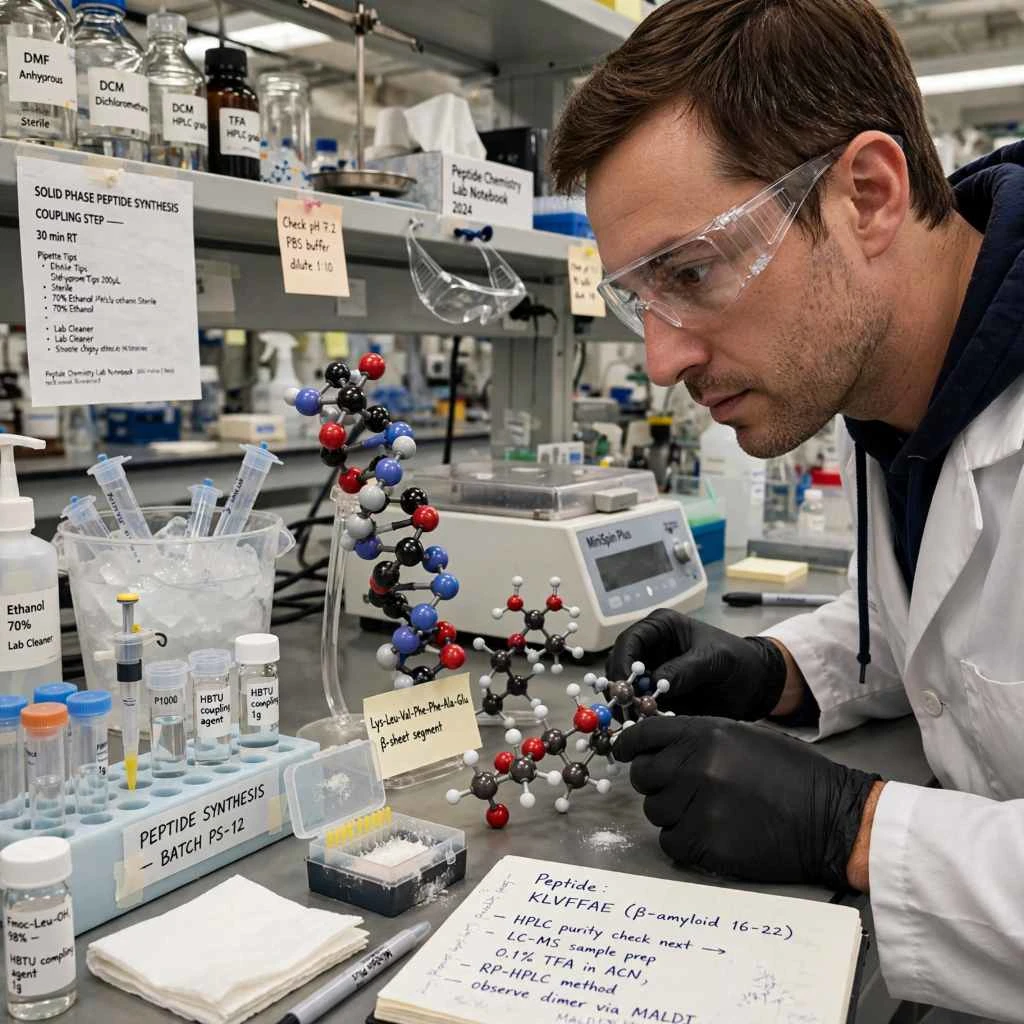 Researcher Assembling Peptide Molecule